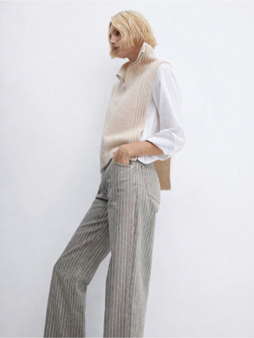 H&M Cream Half Zip Knit Sweater Vest Open Side Minimalist - Picture 11 of 15